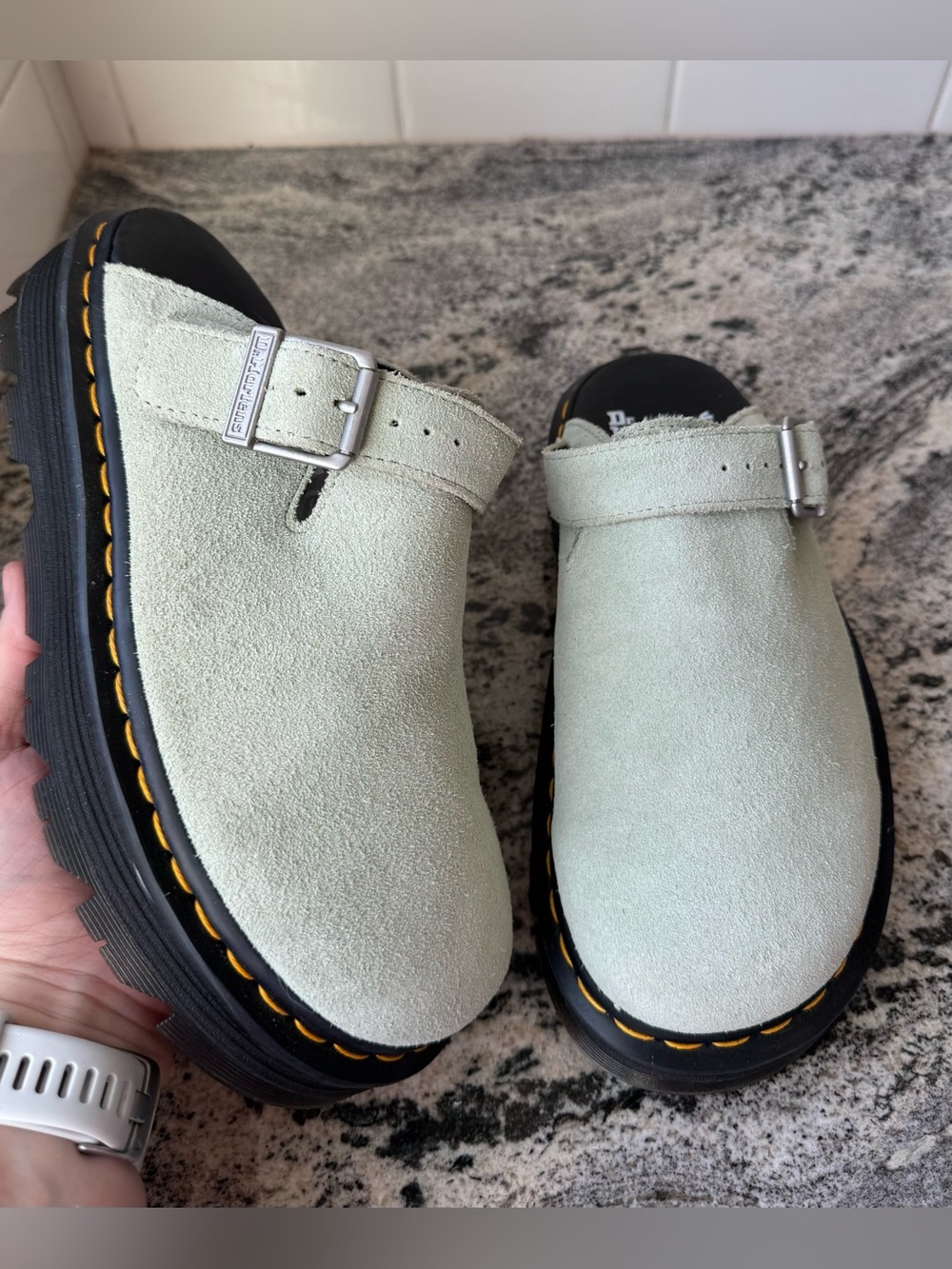 Dr. Martens Kids Mint Suede Buckle Clogs with Yellow Stitching